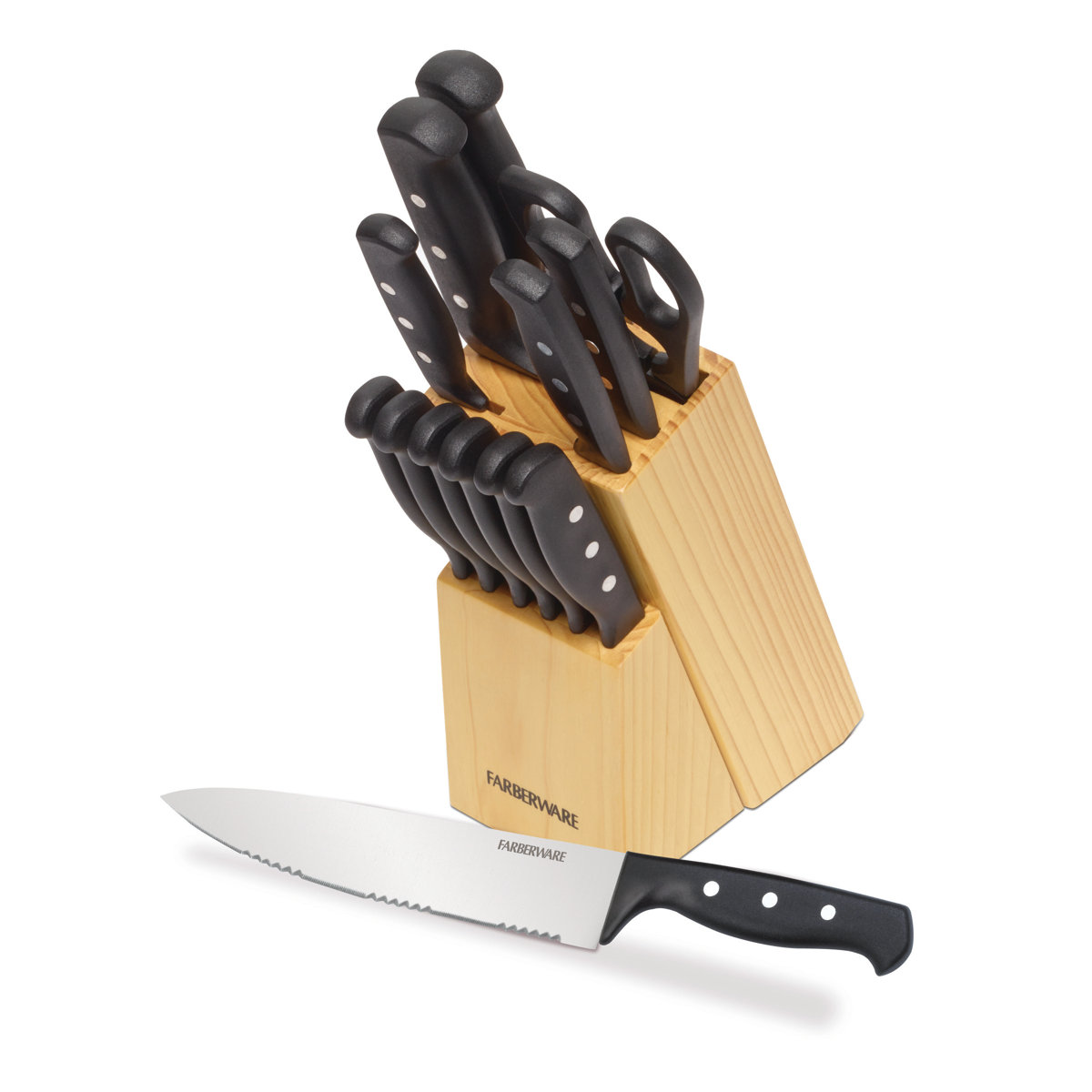 Farberware 22-Piece Never Needs Sharpening Triple Rivet Stainless Steel Knife Block and Kitchen Tool Set